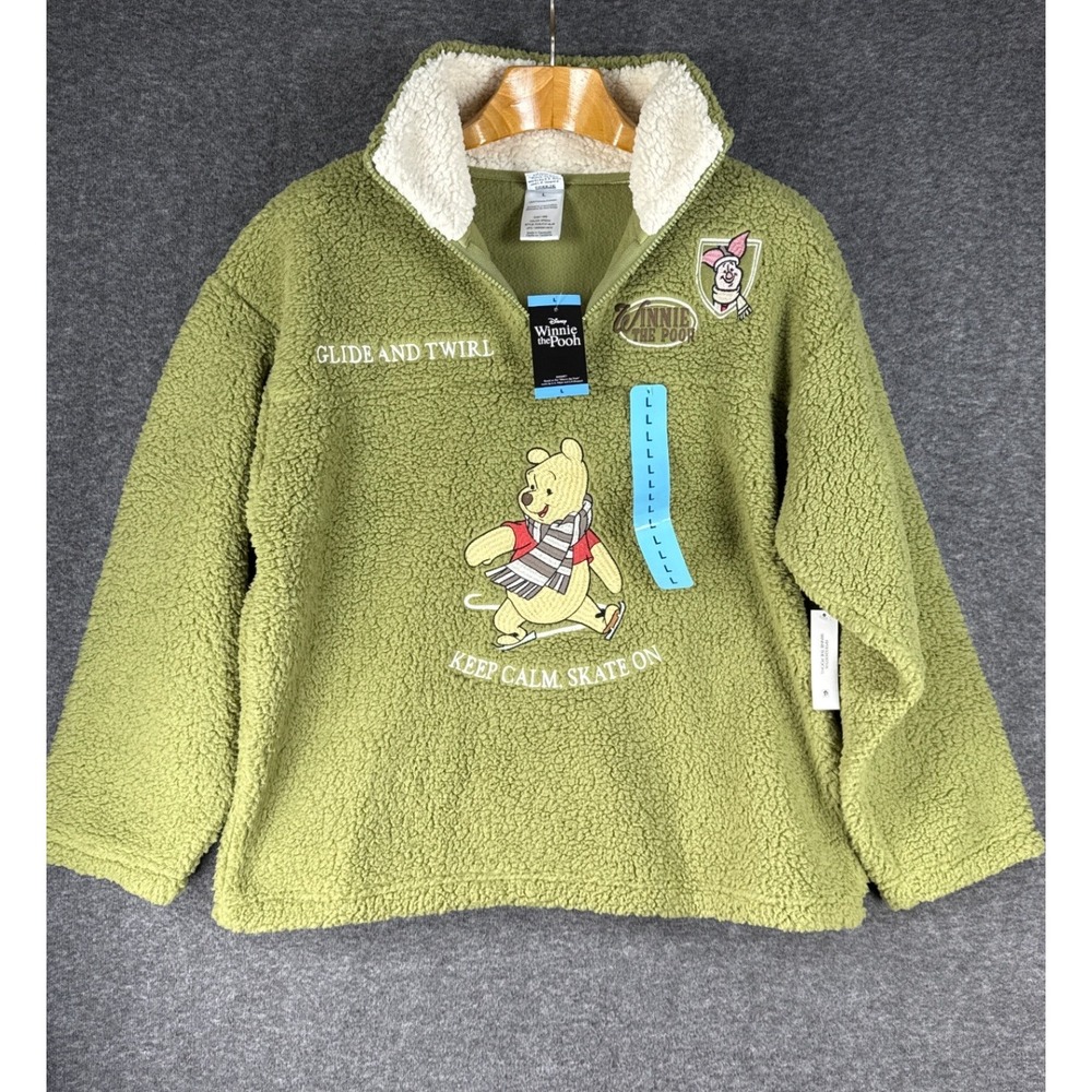 NWT Disney Winnie the Pooh Pullover Women L Green Sherpa Fleece Quarter Zip Warm